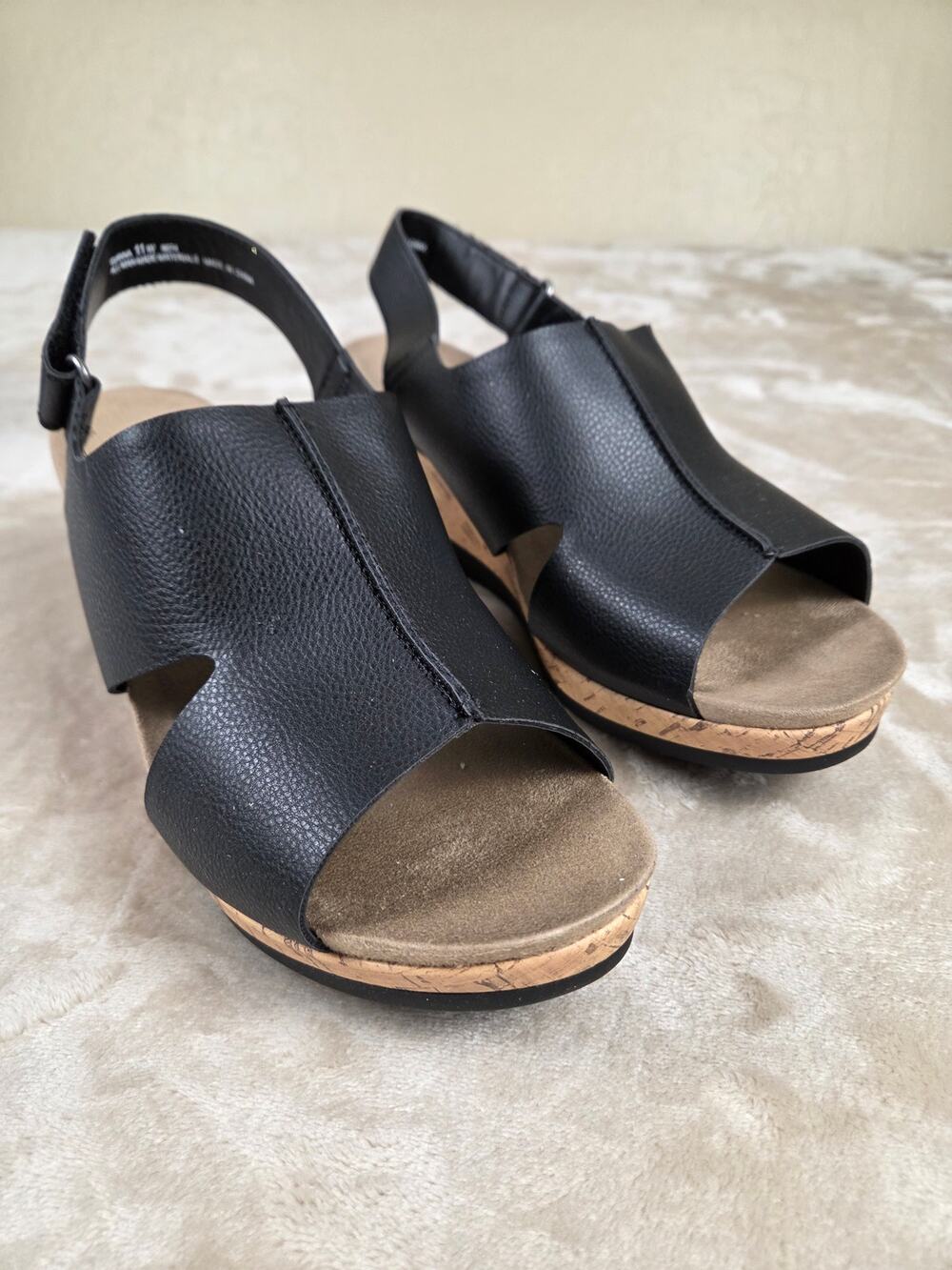 Cloudwalkers Gianna Black Wedge Sandals Wide Width 11W